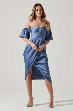 Zurina Off Shoulder Puff Sleeve Midi Dress -Dresses Sales Store ACDR101549 SLATEBLUE 1