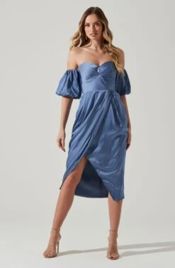 Zurina Off Shoulder Puff Sleeve Midi Dress -Dresses Sales Store ACDR101549 SLATEBLUE 2