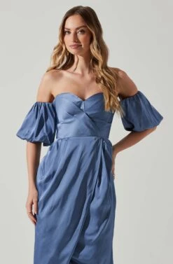 Zurina Off Shoulder Puff Sleeve Midi Dress -Dresses Sales Store ACDR101549 SLATEBLUE 3