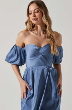 Zurina Off Shoulder Puff Sleeve Midi Dress -Dresses Sales Store ACDR101549 SLATEBLUE 4