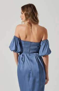 Zurina Off Shoulder Puff Sleeve Midi Dress -Dresses Sales Store ACDR101549 SLATEBLUE 5