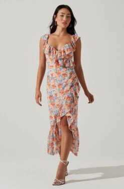 Mahalia Floral Sweetheart Ruffle Midi Dress -Dresses Sales Store ACDR101550 BLUEORANGEFLORAL 2