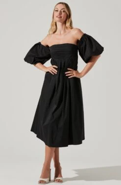 Carlin Off Shoulder Puff Sleeve Midi Dress -Dresses Sales Store ACDR101554 BLACK 1
