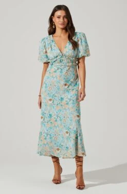 Esperanza Floral Puff Sleeve Midi Dress -Dresses Sales Store ACDR101560 BLUEPEACHFLORAL 1