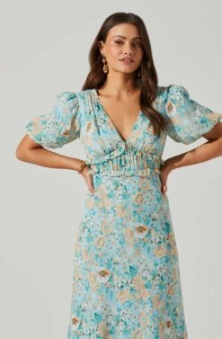 Esperanza Floral Puff Sleeve Midi Dress -Dresses Sales Store ACDR101560 BLUEPEACHFLORAL 2