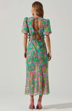 Esperanza Floral Puff Sleeve Midi Dress -Dresses Sales Store ACDR101560 GREENPINKMULTI 4