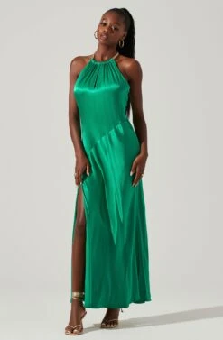 Kazia Satin Halter Chain Maxi Dress -Dresses Sales Store ACDR101567R EMERALD 1