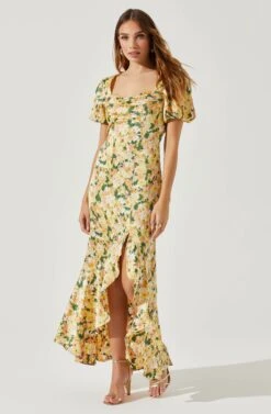 Dayanara Puff Sleeve Floral Maxi Dress -Dresses Sales Store ACDR101589P GREENYELLOWFLORAL 1