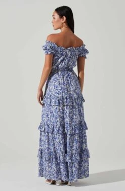 Viona Floral Off Shoulder Tiered Maxi Dress -Dresses Sales Store ACDR101591 BLUEWHITEMULTI 5
