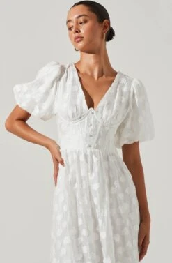 Sandy Polka Dot Puff Sleeve Midi Dress -Dresses Sales Store ACDR101622 WHITEJACQUARD 2