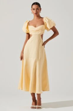 Winley Puff Sleeve Cutout Midi Dress -Dresses Sales Store ACDR101685 LEMON 2