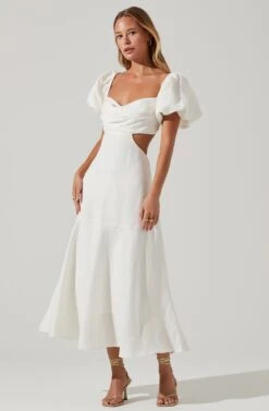 Winley Puff Sleeve Cutout Midi Dress -Dresses Sales Store ACDR101685 OFFWHITE 2