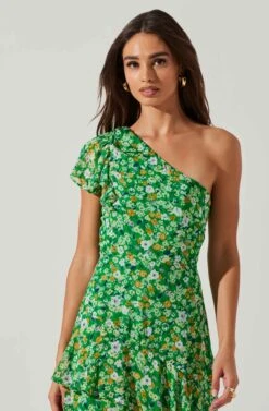 Victoriana One Shoulder Floral Midi Dress -Dresses Sales Store ACDR101725 GREENFLORAL 2