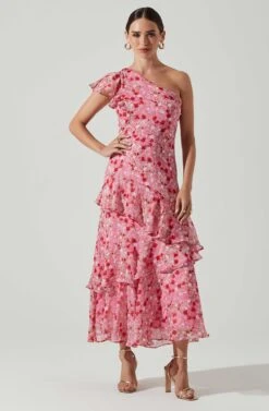 Victoriana One Shoulder Floral Midi Dress -Dresses Sales Store ACDR101725 PINKREDFLORAL 1