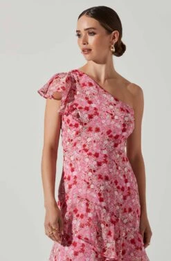 Victoriana One Shoulder Floral Midi Dress -Dresses Sales Store ACDR101725 PINKREDFLORAL 2