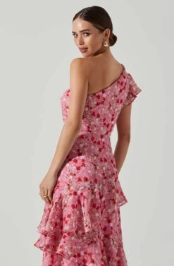 Victoriana One Shoulder Floral Midi Dress -Dresses Sales Store ACDR101725 PINKREDFLORAL 3
