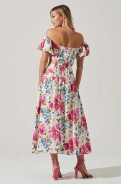 Liliosa Floral Off Shoulder Midi Dress -Dresses Sales Store ACDR101726 PINKMULTI 2600