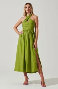 Zaria Pleated Halter Midi Dress -Dresses Sales Store ACDR101778 AVOCADO 1