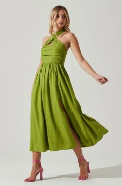 Zaria Pleated Halter Midi Dress -Dresses Sales Store ACDR101778 AVOCADO 2