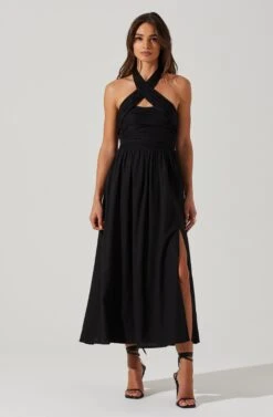 Zaria Pleated Halter Midi Dress -Dresses Sales Store ACDR101778 BLACK 1