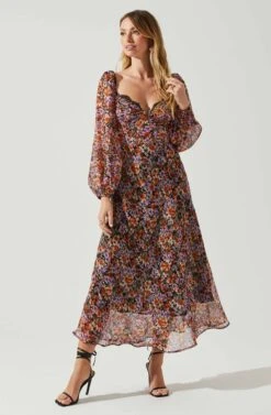 Sylvie Floral Puff Sleeve Midi Dress -Dresses Sales Store ACDR101889 ORANGEPURPLEFLORAL 2