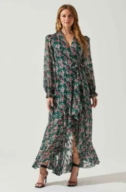 Kamila Long Sleeve Floral Wrap Maxi Dress -Dresses Sales Store ACDR101894 GREENPINKFLORAL 1