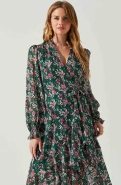 Kamila Long Sleeve Floral Wrap Maxi Dress -Dresses Sales Store ACDR101894 GREENPINKFLORAL 3