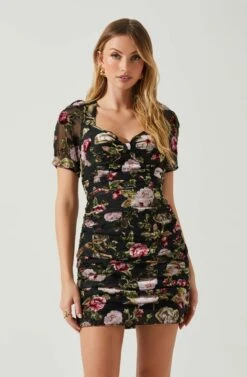 Elandra Floral Burnout Puff Sleeve Mini Dress -Dresses Sales Store ACDR101928SH BLACKREDFLORAL 4