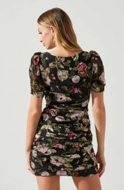 Elandra Floral Burnout Puff Sleeve Mini Dress -Dresses Sales Store ACDR101928SH BLACKREDFLORAL 5
