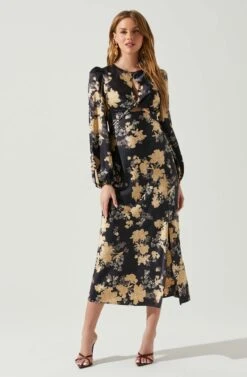 Suzy Floral Satin Front Cutout Midi Dress -Dresses Sales Store ACDR101971 BLACKCREAMFLORAL 1
