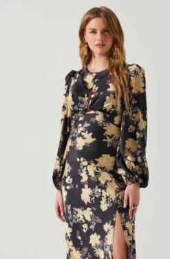 Suzy Floral Satin Front Cutout Midi Dress -Dresses Sales Store ACDR101971 BLACKCREAMFLORAL 4