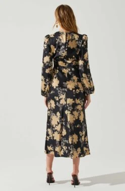 Suzy Floral Satin Front Cutout Midi Dress -Dresses Sales Store ACDR101971 BLACKCREAMFLORAL 5