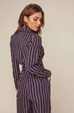 Wide Leg Button Front Print Jumpsuit -Dresses Sales Store ACP7021 NAVY TAUPE STRIPE 7