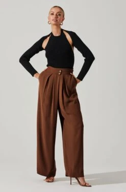 Boyfriend Criss Cross Pleated Wide Leg Pants 34 Boyfriend Criss Cross Pleated Wide Leg Pants -Dresses Sales Store ACP7225 BROWN 1 2