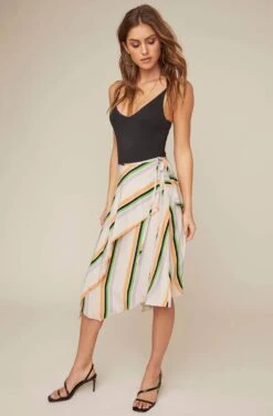 Dallas Striped Asymmetrical Midi Skirt -Dresses Sales Store ACS9021 TAUPE TANGERINE STRIPE 2A
