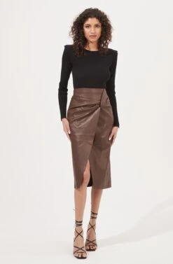 Kari Faux Leather Twist Front Midi Skirt -Dresses Sales Store ACS9076 BROWN 1