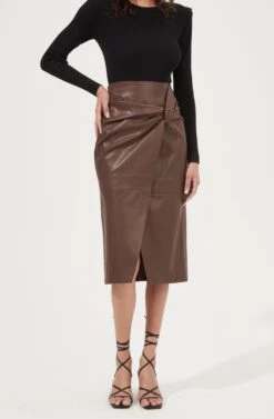 Kari Faux Leather Twist Front Midi Skirt -Dresses Sales Store ACS9076 BROWN 3