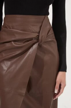 Kari Faux Leather Twist Front Midi Skirt -Dresses Sales Store ACS9076 BROWN 4