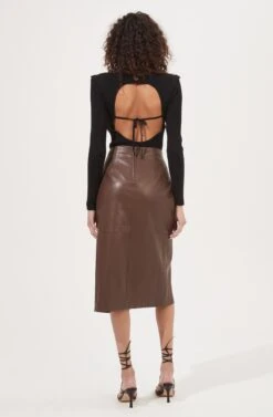 Kari Faux Leather Twist Front Midi Skirt -Dresses Sales Store ACS9076 BROWN 5