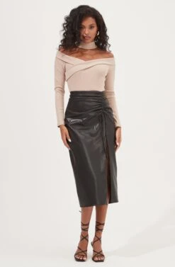 Alondra Ruched Faux Leather Midi Skirt -Dresses Sales Store ACS9082 BLACK 1