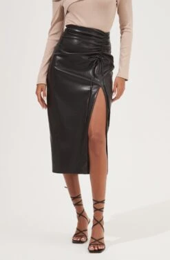 Alondra Ruched Faux Leather Midi Skirt -Dresses Sales Store ACS9082 BLACK 3