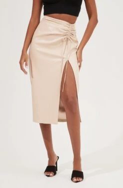 Alondra Ruched Faux Leather Midi Skirt -Dresses Sales Store ACS9082 CREAM 3