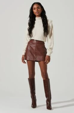 Tracy Faux Leather Front Zip Skirt -Dresses Sales Store ACS9101 BROWN 1