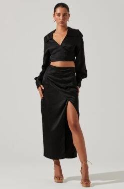Loretta Satin Wrap Front Midi Skirt -Dresses Sales Store ACS9111VR BLACK 1