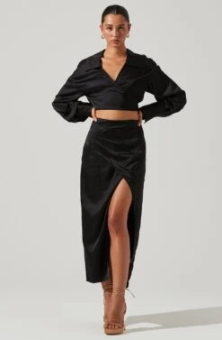 Loretta Satin Wrap Front Midi Skirt -Dresses Sales Store ACS9111VR BLACK 2