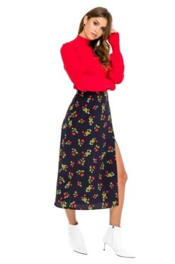 Button Side Slit Midi Skirt -Dresses Sales Store ACS923B NAVY CHERRY PRINT 02