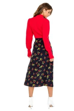 Button Side Slit Midi Skirt -Dresses Sales Store ACS923B NAVY CHERRY PRINT 03