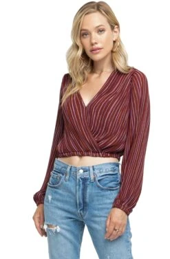 Long Sleeve Pleated Crop Top -Dresses Sales Store ACT15081C WINE PINK STRIPE 00