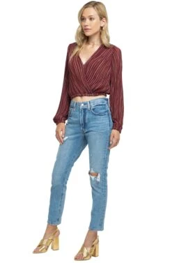 Long Sleeve Pleated Crop Top -Dresses Sales Store ACT15081C WINE PINK STRIPE 02