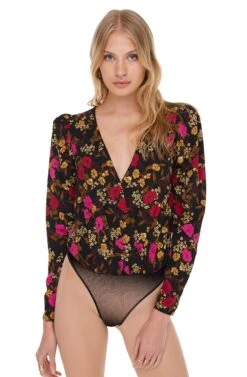 Blondie Floral Bodysuit -Dresses Sales Store ACT15151 BLACK FUSCHIA FLORAL 04